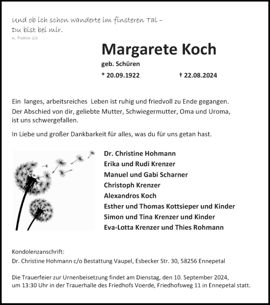 Traueranzeige von Margarete Koch von Tageszeitung
