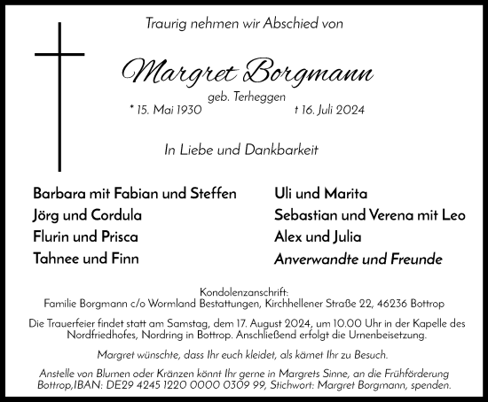 Traueranzeige von Margret Borgmann von Tageszeitung
