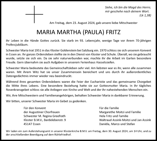 Traueranzeige von Maria Martha Fritz von Tageszeitung