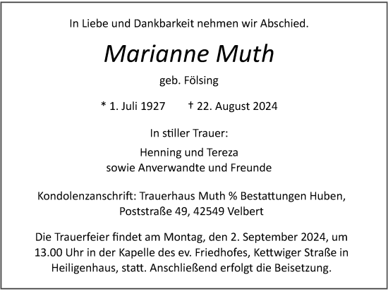 Traueranzeige von Marianne Muth von Tageszeitung