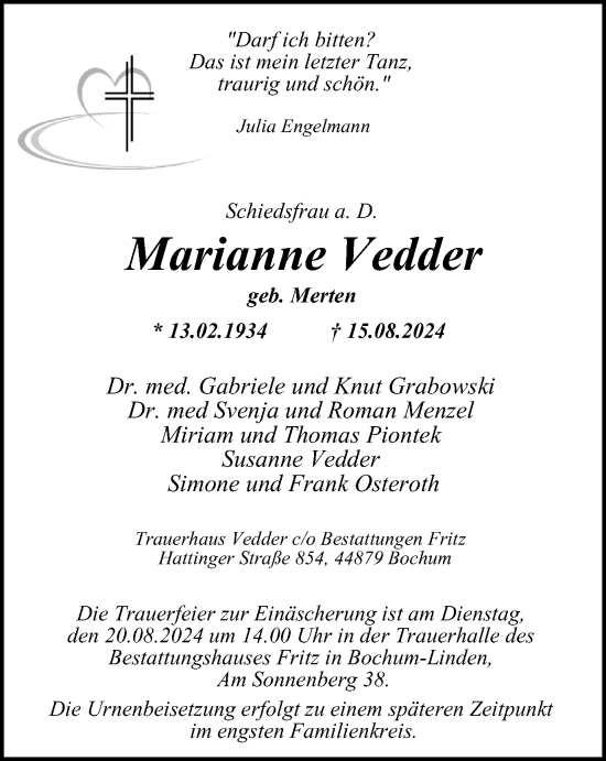 Traueranzeige von Marianne Vedder von Tageszeitung