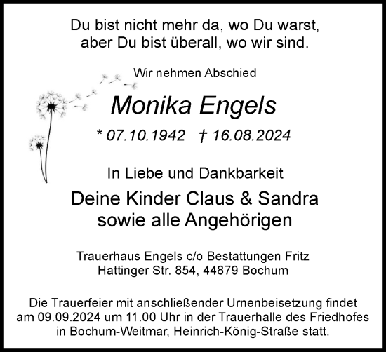Traueranzeige von Monika Engels von Tageszeitung