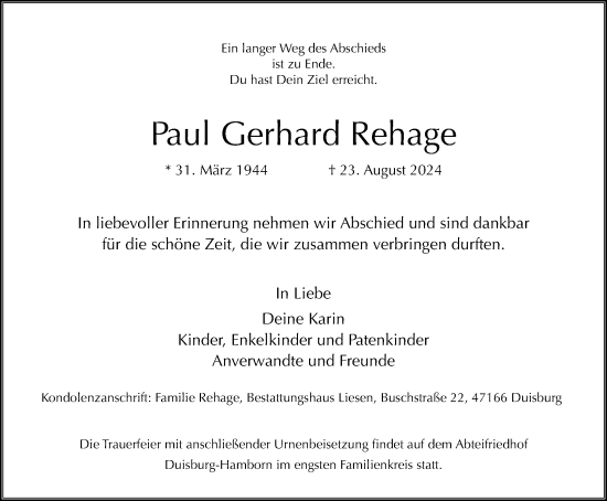 Traueranzeige von Paul Gerhard Rehage von Tageszeitung