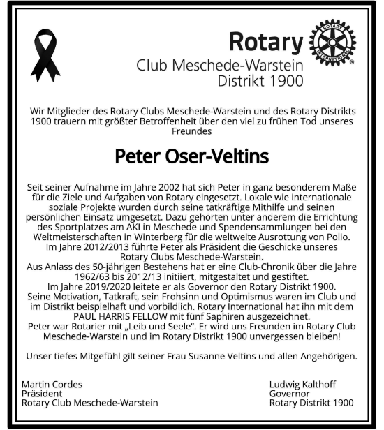 Traueranzeige von Peter Oser-Veltins von Tageszeitung