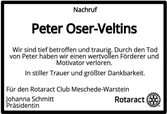 Traueranzeige von Peter Oser-Veltins von Tageszeitung