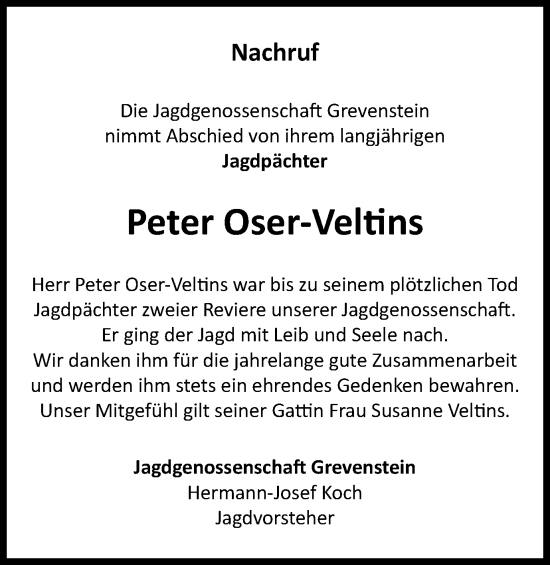 Traueranzeige von Peter Oser-Veltins von Tageszeitung