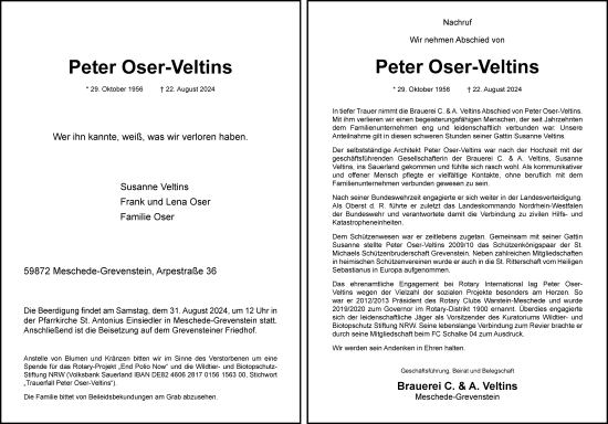 Traueranzeige von Peter Oser-Veltins von Tageszeitung