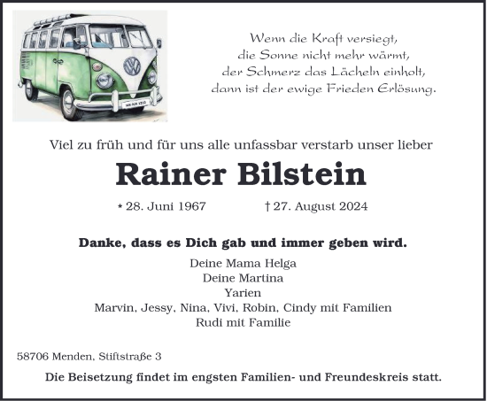 Traueranzeige von Rainer Bilstein von Tageszeitung
