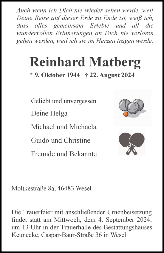 Traueranzeige von Reinhard Matberg von Tageszeitung