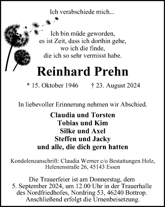 Traueranzeige von Reinhard Prehn von Tageszeitung