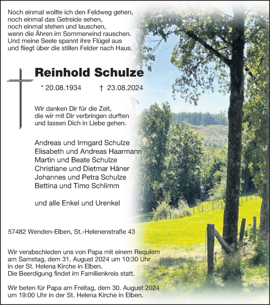 Traueranzeige von Reinhold Schulze von Tageszeitung