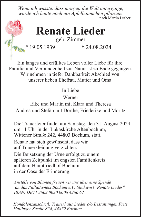 Traueranzeige von Renate Lieder von Tageszeitung