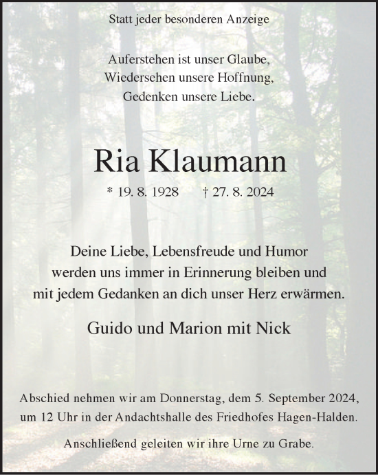 Traueranzeige von Ria Klaumann von Tageszeitung