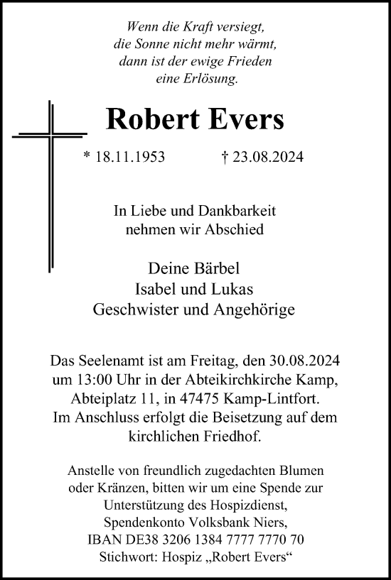 Traueranzeige von Robert Evers von Tageszeitung