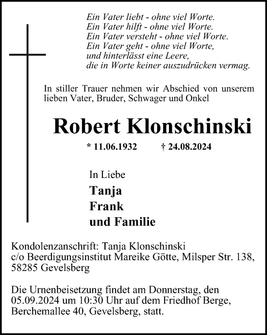Traueranzeige von Robert Klonschinski von Tageszeitung