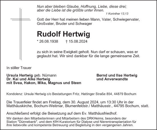 Traueranzeige von Rudolf Hertwig von Tageszeitung
