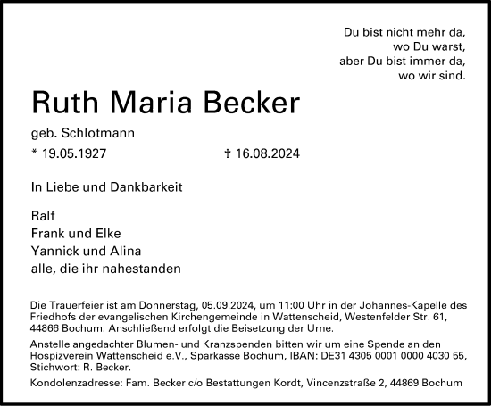 Traueranzeige von Ruth Maria Becker von Tageszeitung