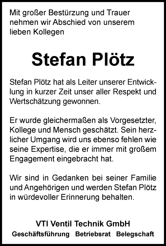 Traueranzeige von Stefan Plötz von Tageszeitung