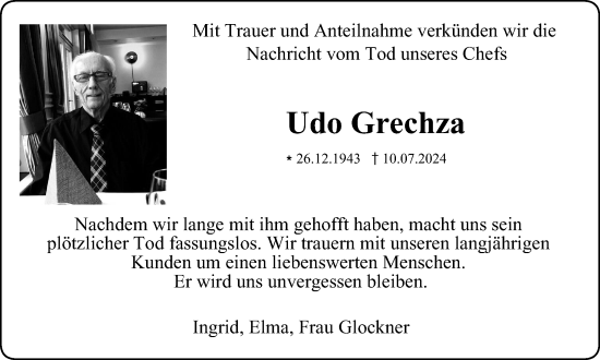 Traueranzeige von Udo Grechza von Tageszeitung
