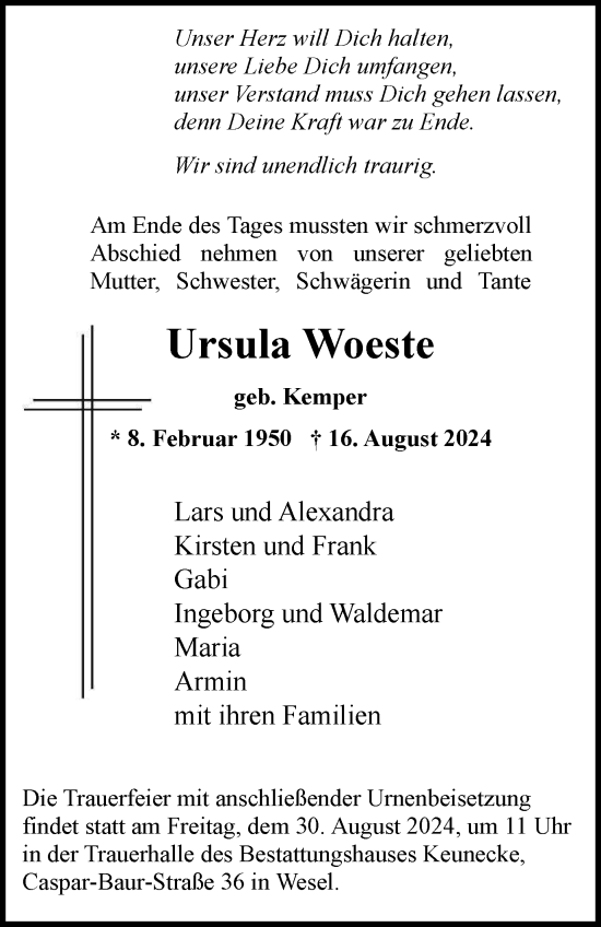 Traueranzeige von Ursula Woeste von Tageszeitung