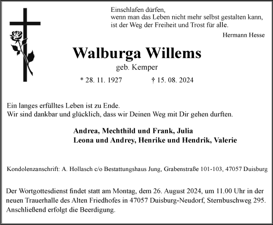 Traueranzeige von Walburga Willems von Tageszeitung
