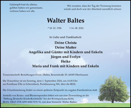 Traueranzeige von Walter Baltes von Tageszeitung