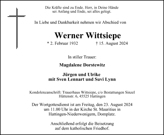 Traueranzeige von Werner Wittsiepe von Tageszeitung