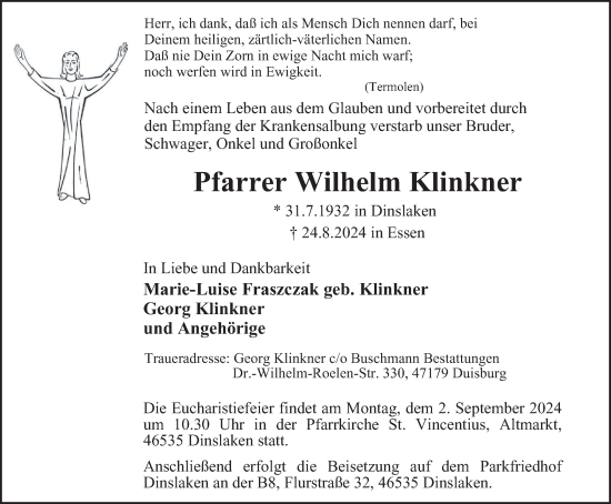 Traueranzeige von Wilhelm Klinkner von Tageszeitung