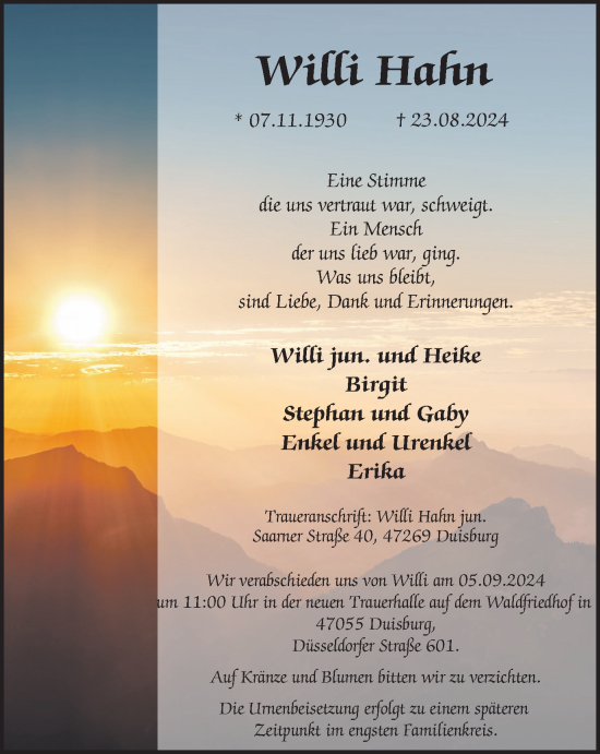 Traueranzeige von Willi Hahn von Tageszeitung