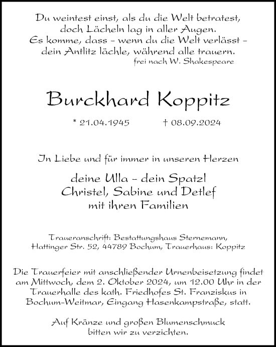 Traueranzeige von Burckhard Koppitz von Tageszeitung
