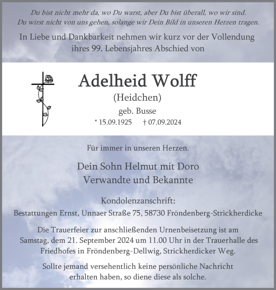 Traueranzeige von Adelheid Wolff von Tageszeitung