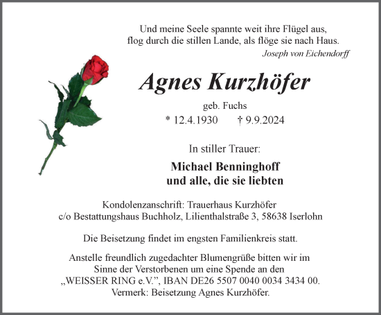 Traueranzeige von Agnes Kurzhöfer von Tageszeitung