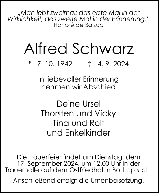 Traueranzeige von Alfred Schwarz von Tageszeitung