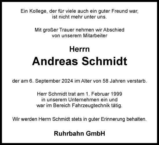 Traueranzeige von Andreas Schmidt von Tageszeitung