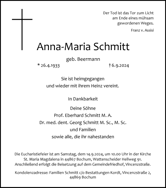 Traueranzeige von Anna-Maria Schmitt von Tageszeitung