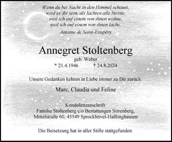 Traueranzeige von Annegret Stoltenberg von Tageszeitung