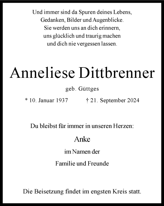 Traueranzeige von Anneliese Dittbrenner von Tageszeitung