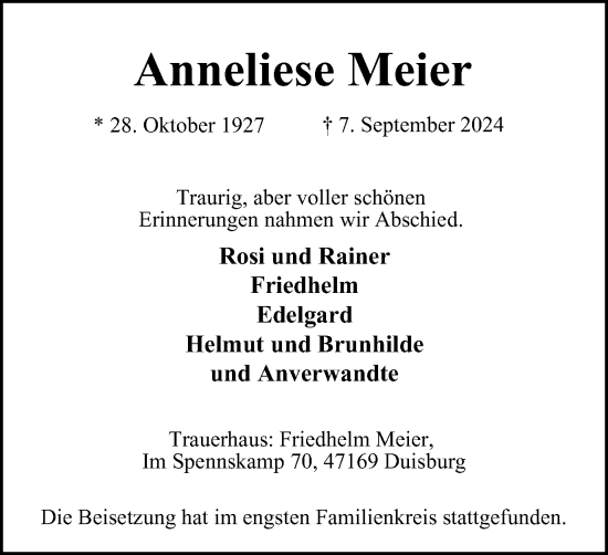 Traueranzeige von Anneliese Meier von Tageszeitung