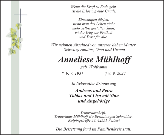 Traueranzeige von Anneliese Mühlhoff von Tageszeitung