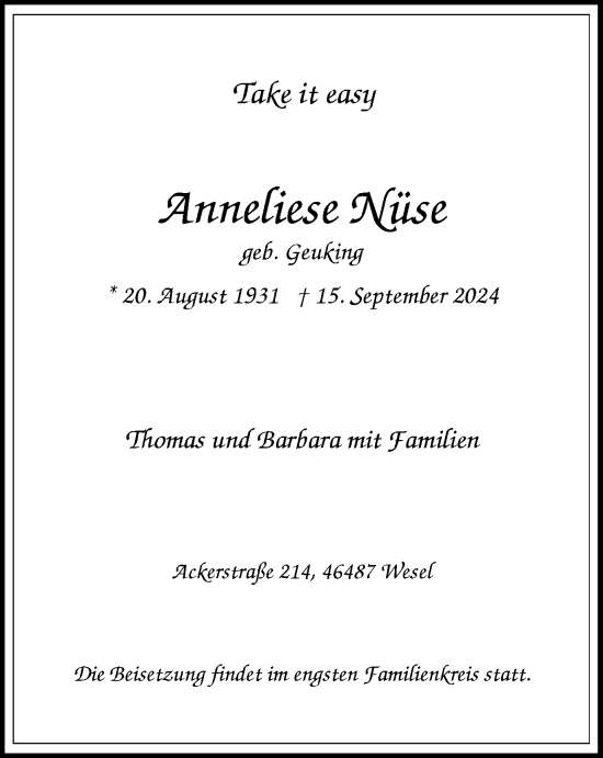 Traueranzeige von Anneliese Nüse von Tageszeitung