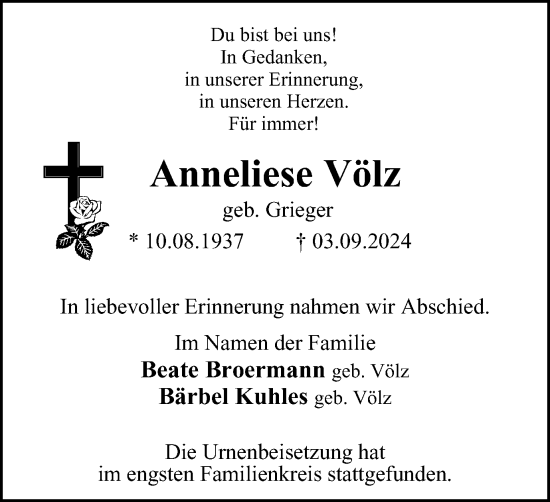 Traueranzeige von Anneliese Völz von Tageszeitung