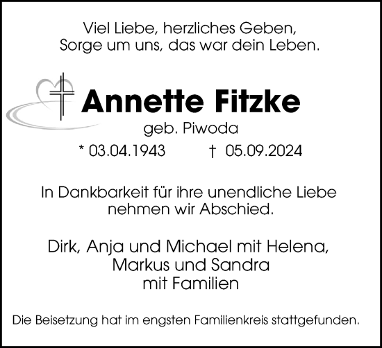 Traueranzeige von Annette Fitzke von Tageszeitung