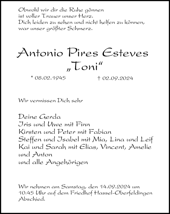 Traueranzeige von Antonio Pires Esteves von Tageszeitung