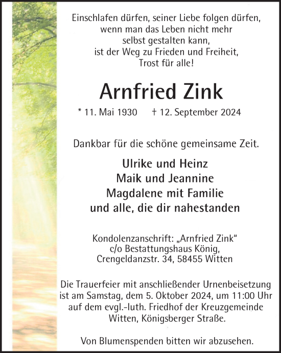 Traueranzeige von Arnfried Zink von Tageszeitung