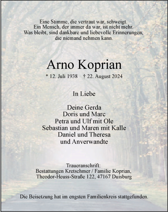 Traueranzeige von Arno Koprian von Tageszeitung