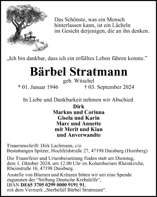Traueranzeige von Bärbel Stratmann von Tageszeitung