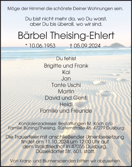 Traueranzeige von Bärbel Theising-Ehlert von Tageszeitung