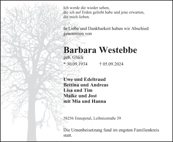 Traueranzeige von Barbara Westebbe von Tageszeitung