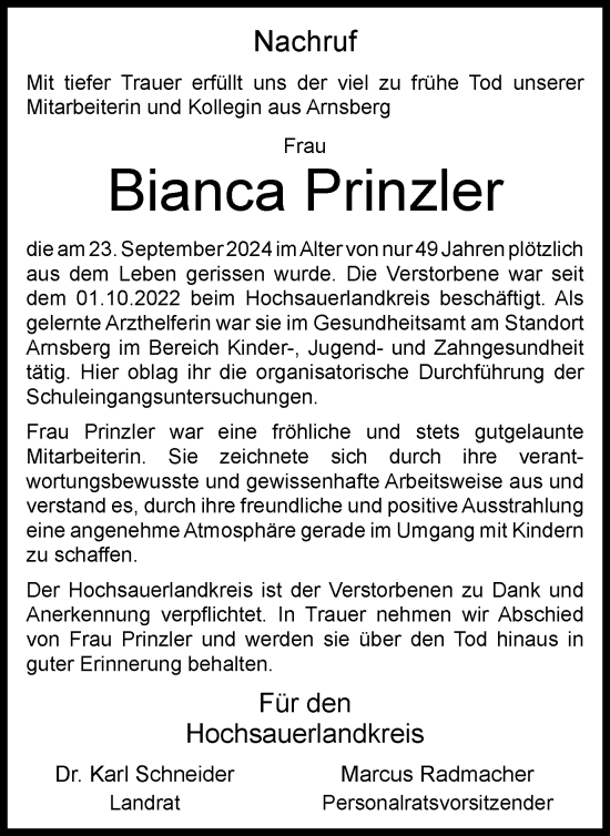 Traueranzeige von Bianca Prinzler von Tageszeitung