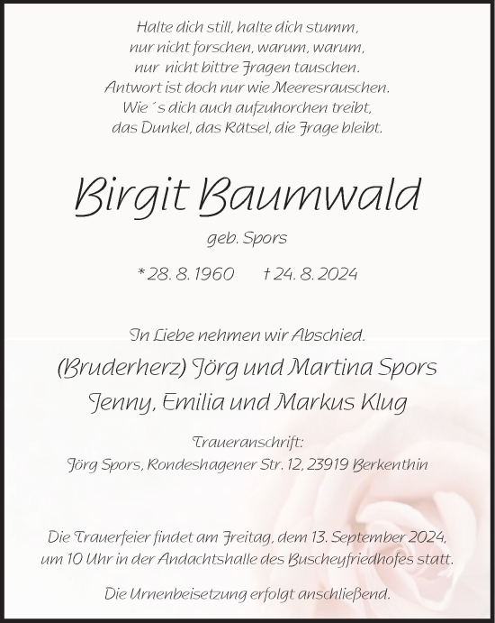 Traueranzeige von Birgit Baumwald von Tageszeitung